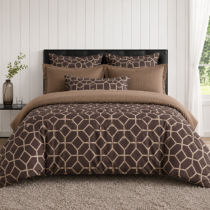 Luxury 4-in-1 Chocolate Brown Geometric Bedding Set – King Size Flat Sheet, Reversible Trellis Duvet Cover & 2 Pillowcases – Modern Coffee Earth-Toned Bedroom Decor
