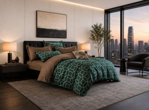 Luxury 4-in-1 Teal and Bronze Geometric Bedding Set - King Size Flat Sheet, Reversible Honeycomb Duvet Cover & 2 Pillowcases - Modern Art Deco Teal Bedroom Decor