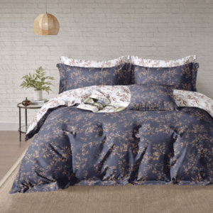 Luxury 4-in-1 Navy Blue and Gold Botanical Bedding Set – King Size Flat Sheet, Reversible Leaf Duvet Cover & 2 Pillowcases – Modern Floral Bedroom Decor