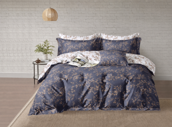 Luxury 4-in-1 Navy Blue and Gold Botanical Bedding Set - King Size Flat Sheet, Reversible Leaf Duvet Cover & 2 Pillowcases - Modern Floral Bedroom Decor