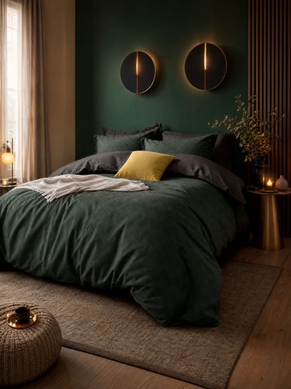 Luxury 4-in-1 Emerald Green Chevron Bedding Set - King Size Flat Sheet, Reversible Textured Duvet Cover & 2 Pillowcases - Modern Forest Green Bedroom Decor