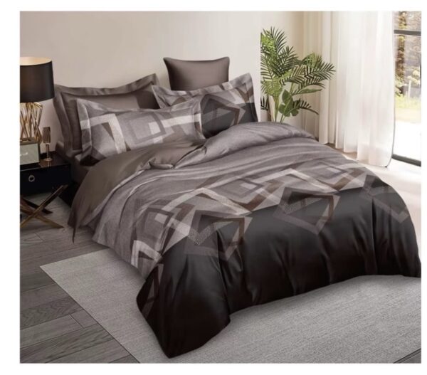 Luxury 4-in-1 Grey and Brown Geometric Bedding Set - King Size Flat Sheet, Duvet Cover & 2 Pillowcases - Modern Abstract Diamond Decor