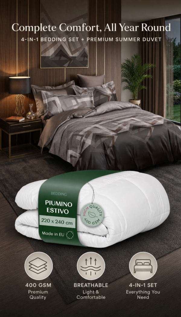 Tag)
Luxury 5-in-1 Geometric Bedding Combo Set - Reversible Taupe and Chocolate Brown Square Duvet Cover, King Flat Sheet, 2 Pillowcases & Premium 400 GSM Summer Duvet Insert