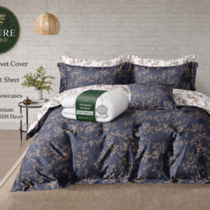 Luxury 5-in-1 Botanical Bedding Combo Set – Reversible Navy Blue & Gold Leaf Duvet Cover, King Flat Sheet, 2 Pillowcases & Premium 400 GSM Summer Duvet Insert