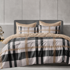 Luxury 4-in-1 Plaid Check Bedding Set – King Size Flat Sheet, Duvet Cover & 2 Pillowcases – Modern Beige & Grey Tartan Decor