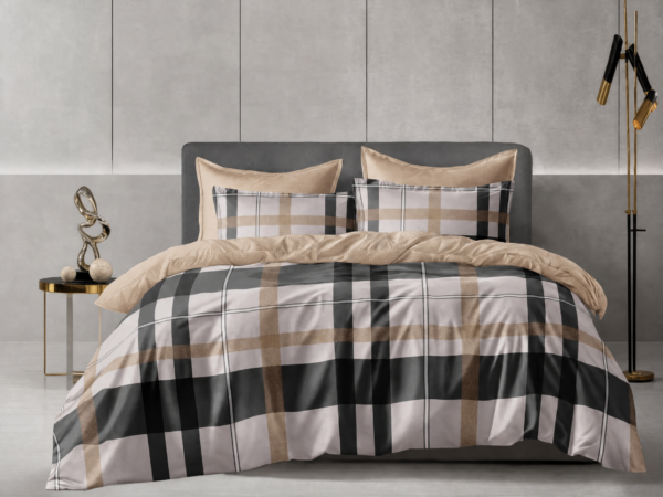 Luxury 4-in-1 Plaid Check Bedding Set - King Size Flat Sheet, Duvet Cover & 2 Pillowcases - Modern Beige & Grey Tartan Decor
