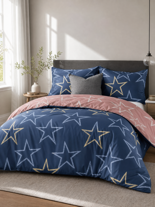 Luxury 4-in-1 Blue and Pink Star Bedding Set - King Size Flat Sheet, Reversible Duvet Cover & 2 Pillowcases - Modern Celestial Home Bedroom Decor